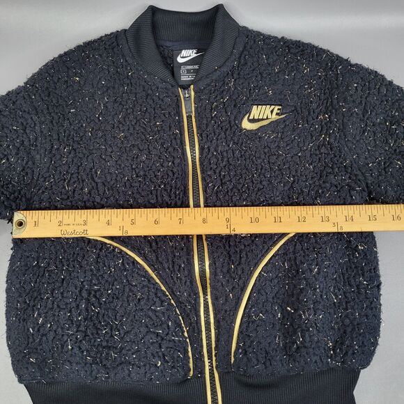 Nike Girls Bomber Jacket Size Small Loose Fit Full Zip Black Gold Faux Fur - Picture 10 of 12